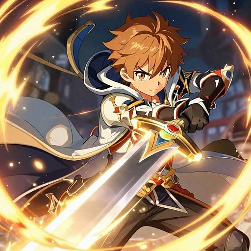 Anime-style digital illustration of a brown-haired, determined young male warrior with glowing sword, surrounded by fiery circular energy. Dynamic, action-packed pose.