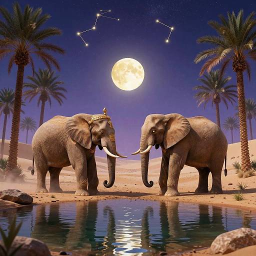 Surreal Desert Elephants at Moonlight Oasis
