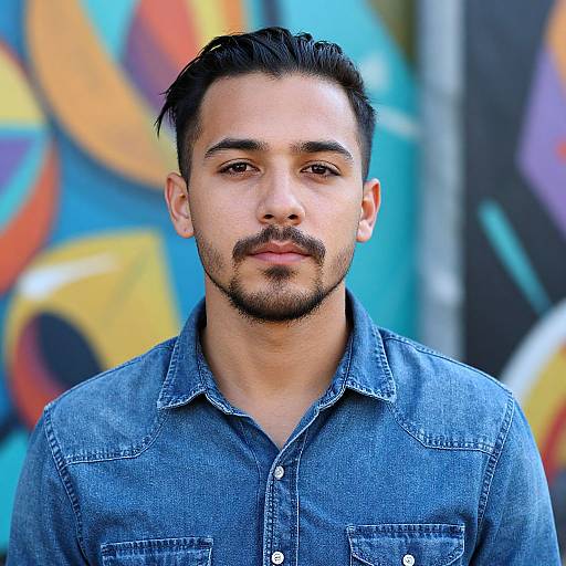 Photograph of a young, handsome Hispanic man with short black hair, trimmed beard, and mustache, wearing a blue denim shirt, against a colorful