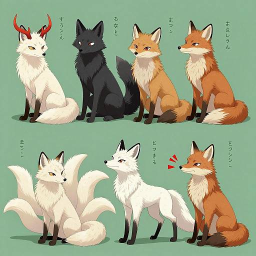 Colorful Fox Creatures with Japanese Descriptions