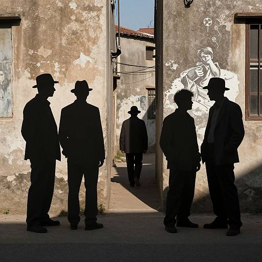 Silhouetted men in hats stand against a sunlit, graffiti-covered, weathered wall, with a fourth man walking in the background. Phot