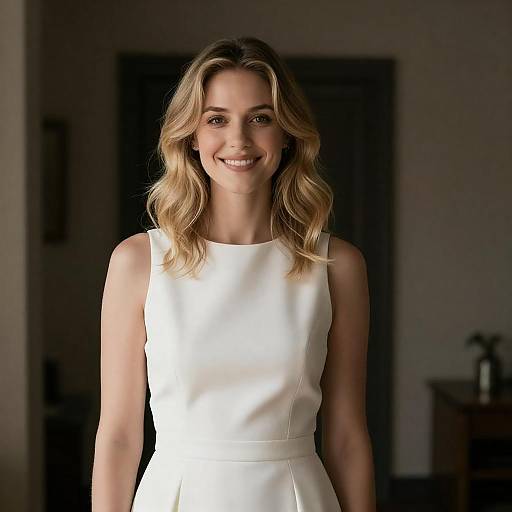 Smiling Blonde Woman in Dim Room