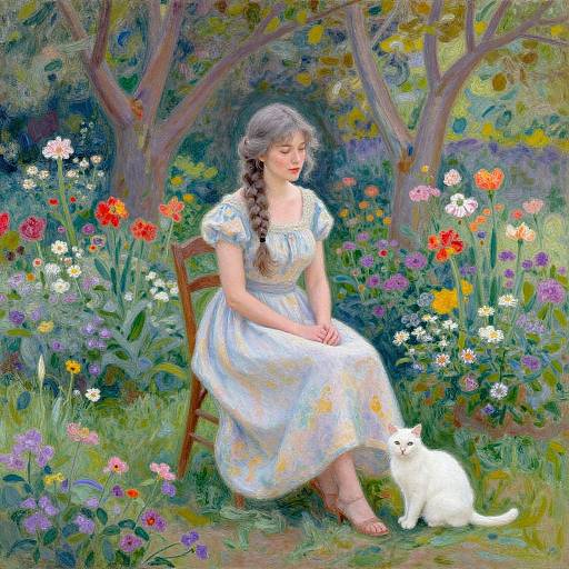 Whimsical painting of a girl with braided gray hair, white dress, sitting on a chair, surrounded by colorful flowers, with a white cat