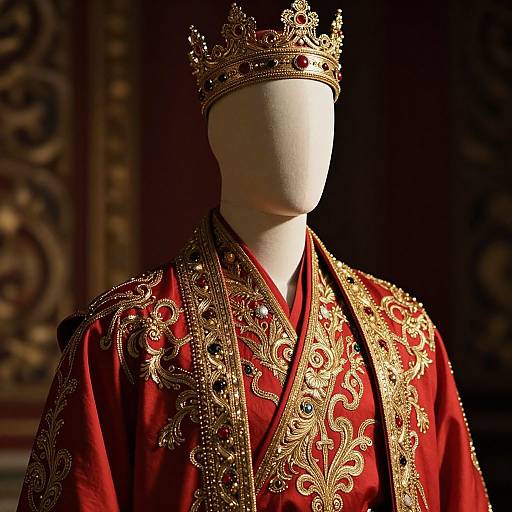 Photograph of a faceless, white mannequin wearing an ornate, red, gold-embroidered royal robe with a jeweled crown