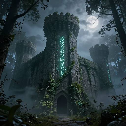 Mystical Ancient Fortress in Foggy Forest
