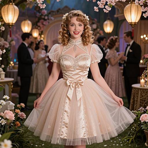 Vintage-style photograph of a smiling curly-haired woman in a cream satin and lace dress, holding its skirt, in a warmly lit, flower-adorned