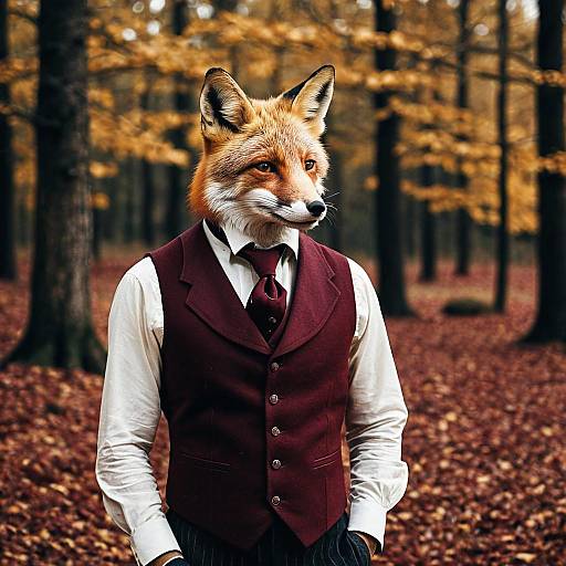 Fox in Burgundy Waistcoat in Autumn Forest