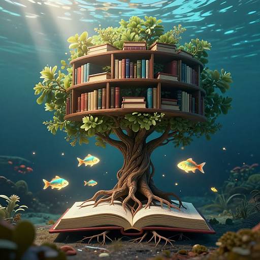 Digital artwork of an underwater fantasy tree with book-filled branches, rooted in an open book, surrounded by glowing fish.