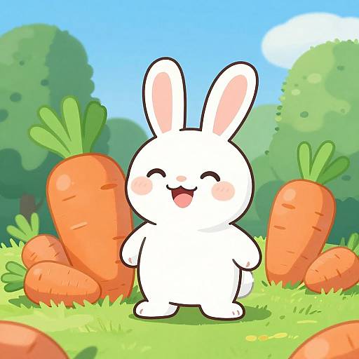 Cute cartoon white bunny with pink ears and cheeks, smiling, stands among large orange carrots in a sunny, green grass field with blue sky and trees
