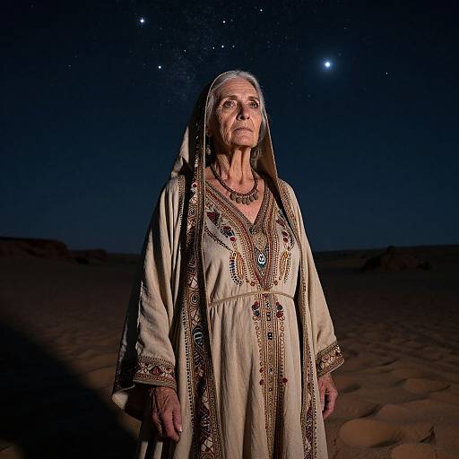 Photograph of elderly Native American woman in traditional white embroidered dress, standing in desert at night, illuminated by moonlight.