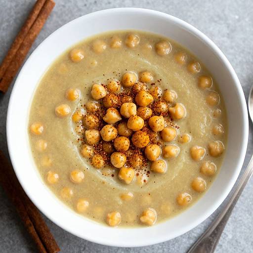 Photograph of a white bowl filled with creamy, beige soup, topped with numerous small, orange chickpeas and sprinkled with paprika, on