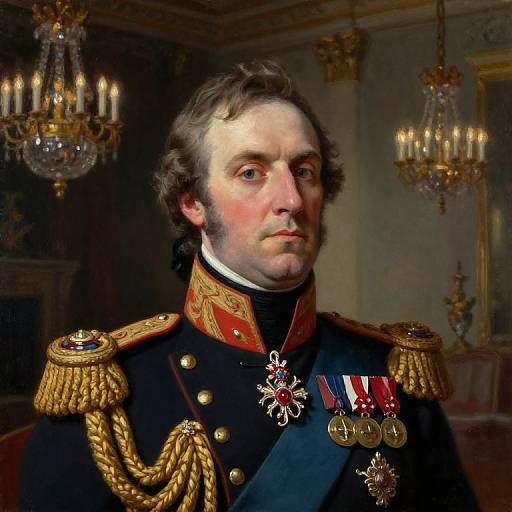 Photorealistic portrait of a stern-faced, white male military officer with curly brown hair, adorned in an ornate, dark blue uniform with gold ep