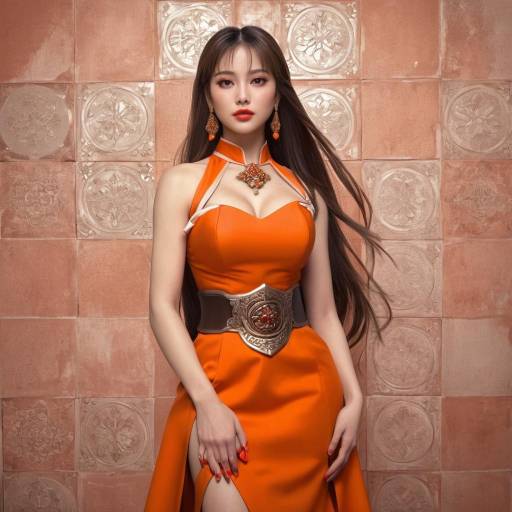 Elegant Girl in Orange Dress and Jewelry