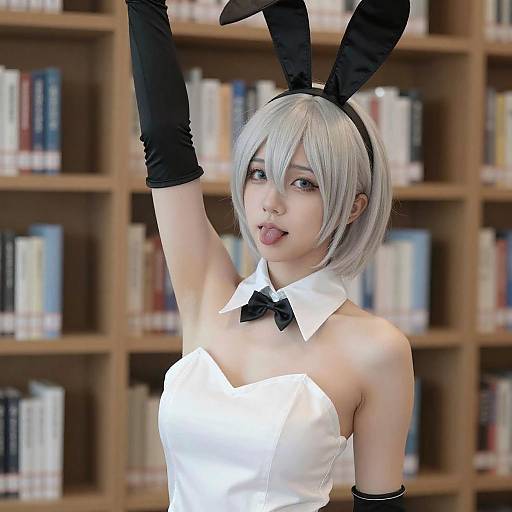 Silver-Haired Bunny Cosplay in Library