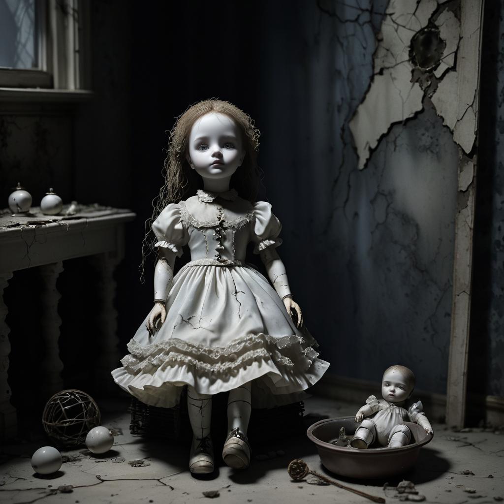 Eerie Decaying Doll in Gloomy Setting