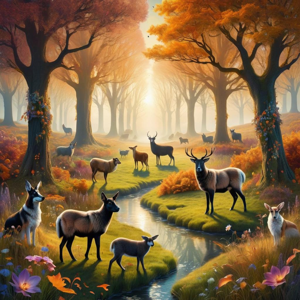 Whimsical Autumn Grove with Mystical Beings