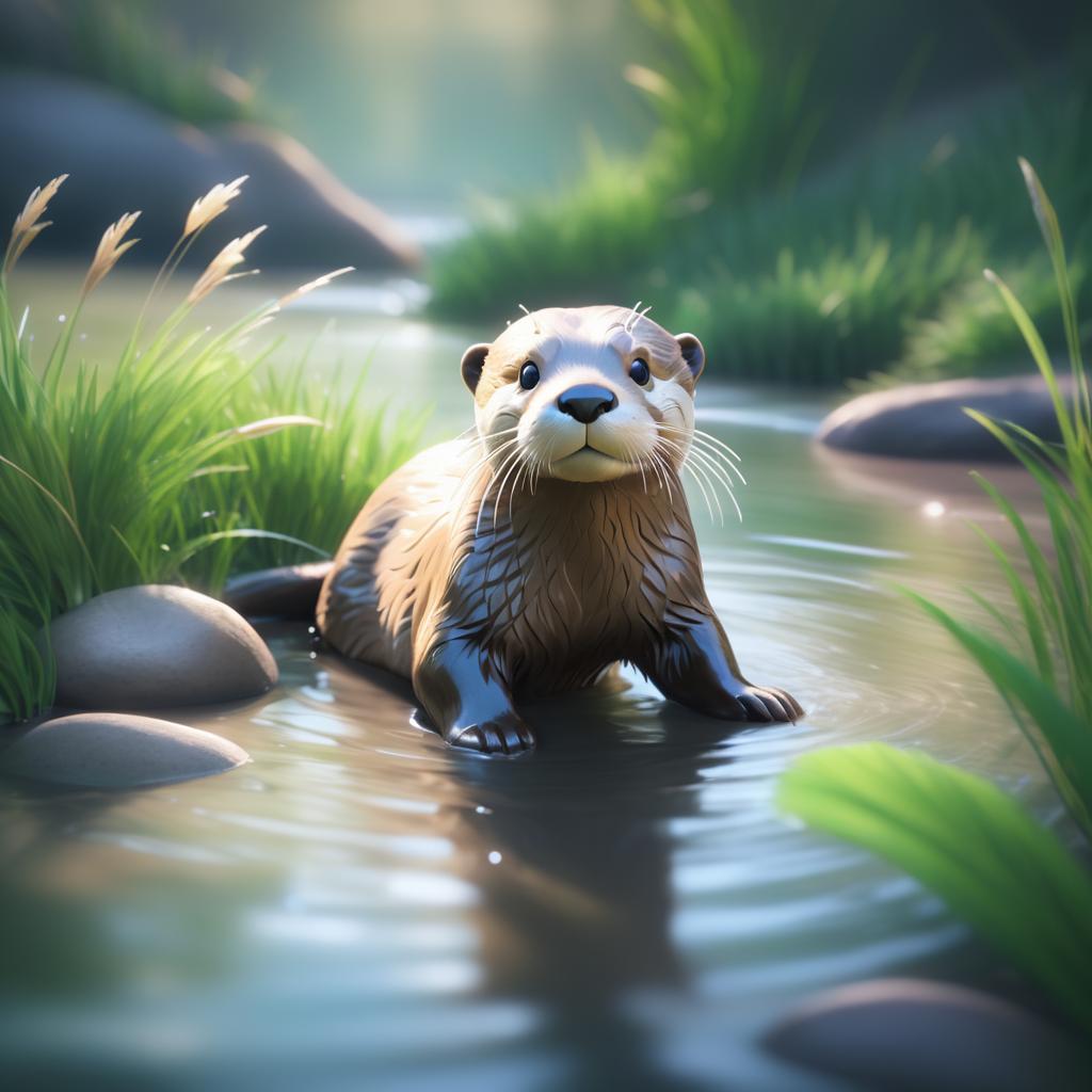 Whimsical Otter by a Serene Riverbank