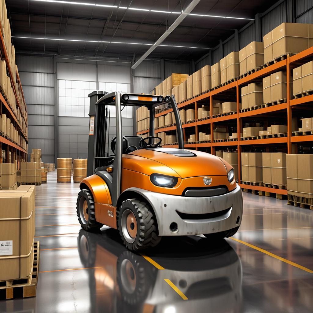 Cheerful Anthropomorphic Forklift in Warehouse