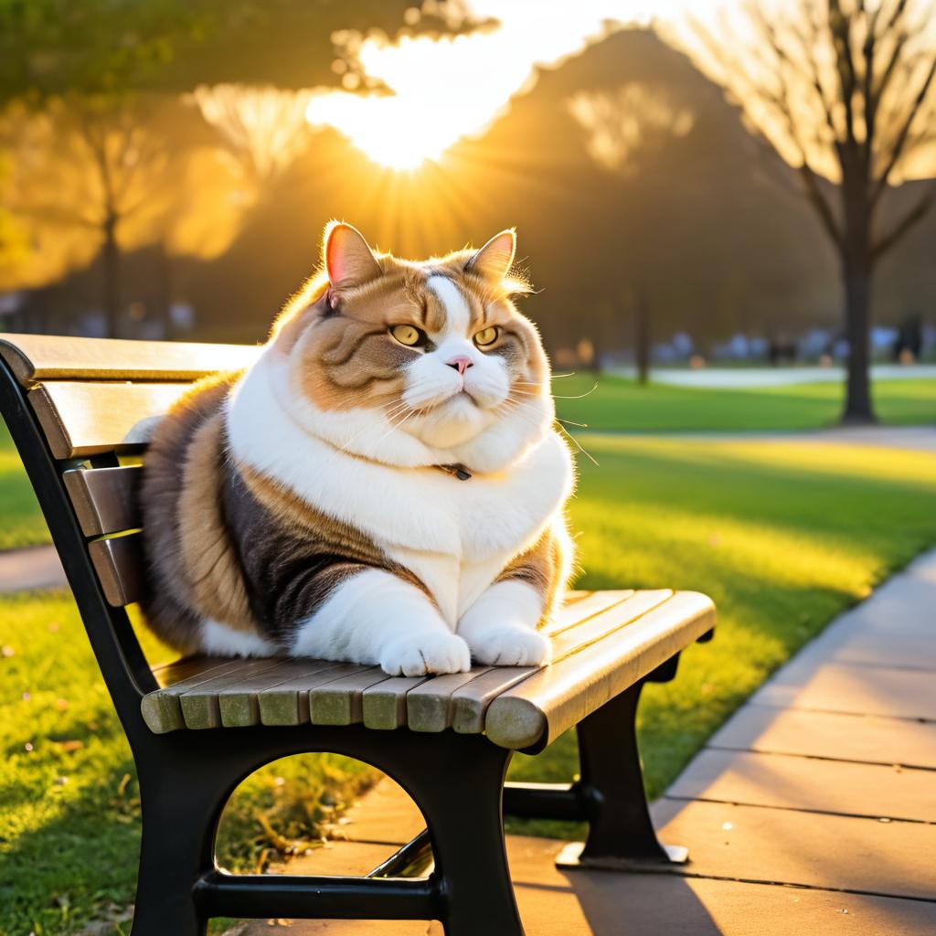 Chubby Cat Watching Sunset on Bench