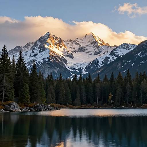 Photograph of a snow-capped mountain range bathed in golden sunset light, with dark evergreen trees in the foreground and a calm reflective lake in