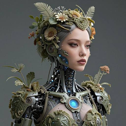 Digital art of a futuristic, pale-skinned woman with mechanical features, adorned with intricate flower crowns and gears, showcasing a serene expression against a dark
