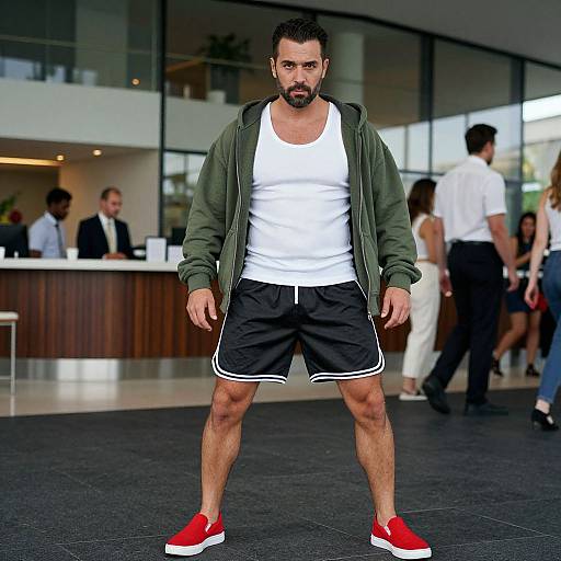 Photograph of a muscular man with short black hair and beard, wearing a green jacket, white tank top, black shorts, and red sneakers, standing