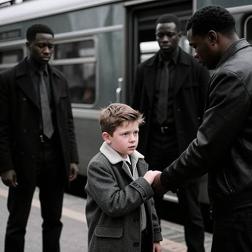 Photograph of a young white boy in a gray coat with white collar, shaking hands with a tall black man, surrounded by three black men in black