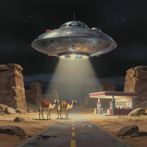 Studio Ghibli Style UFO and Camels at Desert Gas Station