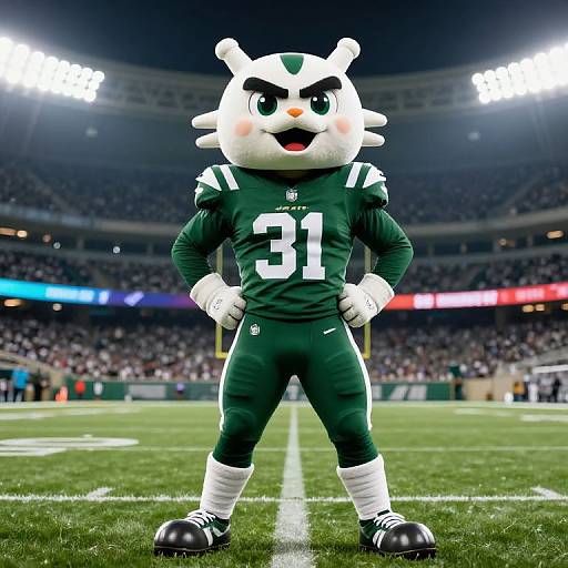 Photograph of a green Detroit Lions football mascot with white fur, number 31 jersey, standing confidently on a stadium field.