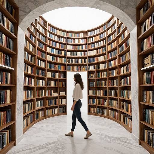 Photograph of a woman with long brown hair, white blouse, and black pants, walking through a circular library with wooden shelves and colorful books, under