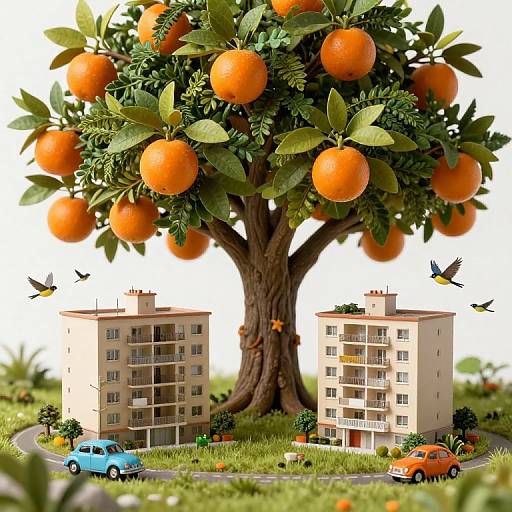 Photorealistic digital artwork: Giant orange tree with abundant fruit stands between two beige apartment buildings, surrounded by small cars, birds, and greenery.