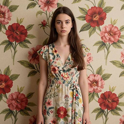 Floral Harmony: Woman in Matching Dress and Wallpaper