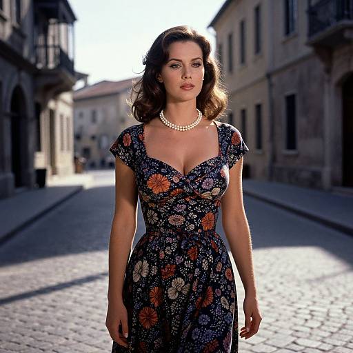 Photograph of a brunette woman in a floral dress and pearl necklace, standing confidently on a sunlit, cobblestone street in a historic European town