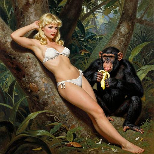 Digital painting of a blonde woman in a white bikini leaning against a tree, next to a chimpanzee eating a banana in a lush jungle.