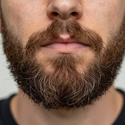 Close-up photograph of a man's face, focusing on his brown, thick, textured beard and mustache, with fair skin and slightly parted lips.