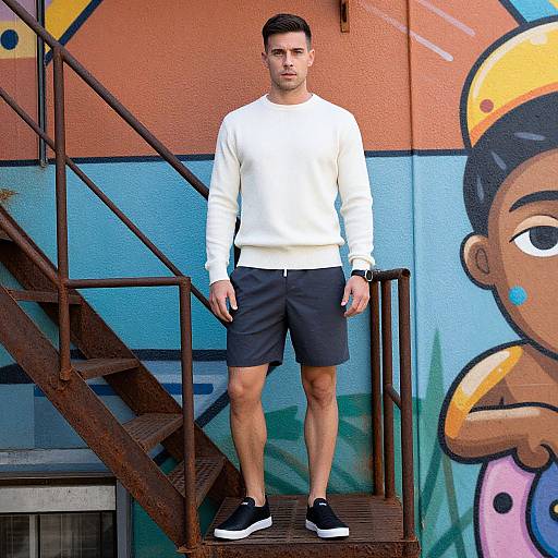 Photograph of a tall, fit man with short dark hair, wearing a white sweatshirt, black shorts, and black sneakers, standing on a rusty