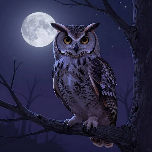 Digital artwork of a detailed, realistic owl with intense yellow eyes perched on a dark tree branch under a full moonlit night sky.