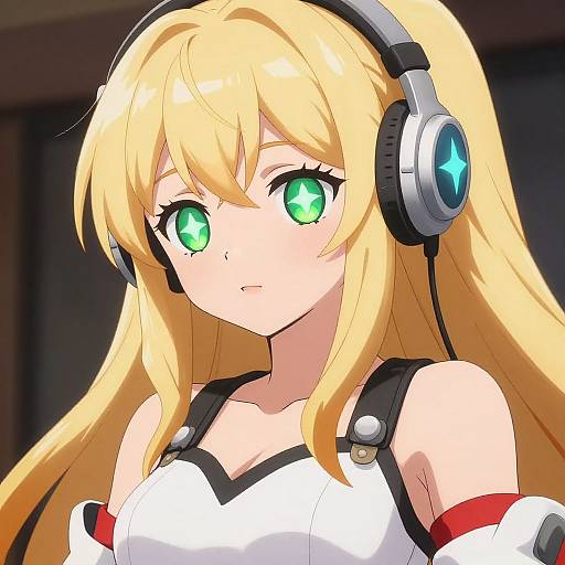 Anime-style digital drawing of a blonde girl with long hair, green glowing eyes, wearing a white tank top and blue headphones.