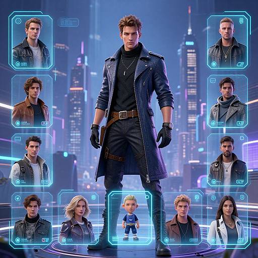 Digital CGI image of a muscular, blonde man in a black leather coat and gloves, surrounded by holographic portraits of himself and others, set against a