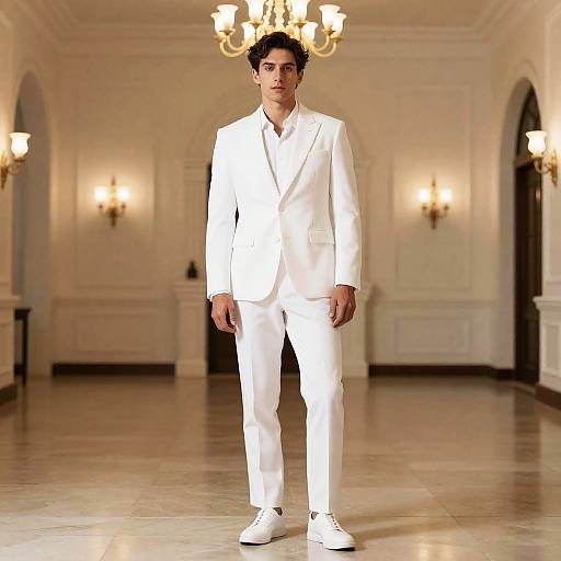 Elegant White Costume in Grand Hall