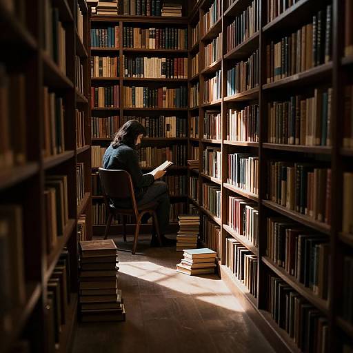 Photograph of a person with long hair, wearing dark clothes, reading a book in a sunlit, narrow library aisle with tall wooden bookshelves