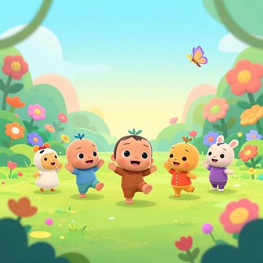 Bright, colorful digital illustration of five cartoon children with various outfits, dancing in a vibrant flower-filled meadow, with a butterfly flying overhead.