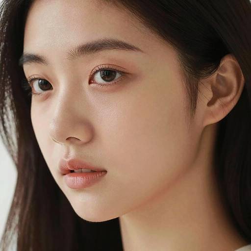 Close-up photograph of a young Asian woman with fair skin, long black hair, subtle makeup, and soft expression, gazing slightly to the side.