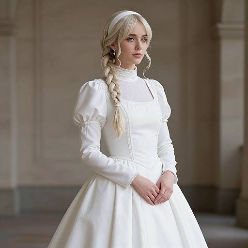 Photograph of a blonde woman with a braided ponytail, wearing a white, long-sleeved, high-neck, puffed-sleeve