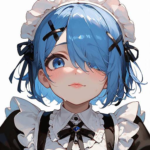 Digital anime-style portrait of Rem from Re:Zero, with blue hair, blue eyes, black X-shaped hairpins, maid outfit, white frilled