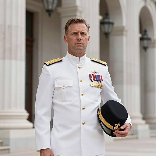 Stern Naval Officer Portrait with Historic Background