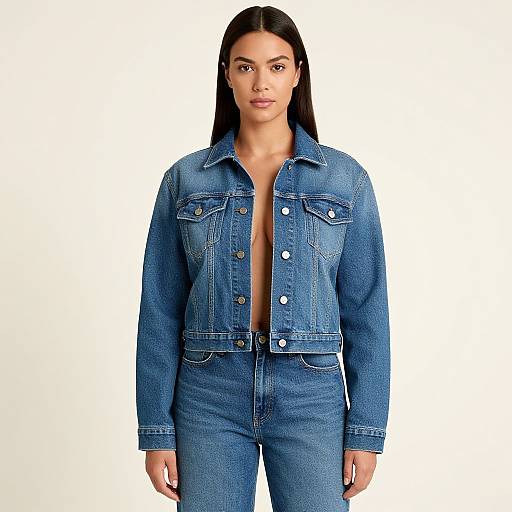 Photograph of a young woman with long black hair, wearing an unbuttoned blue denim jacket over a bare chest, and matching blue denim pants,