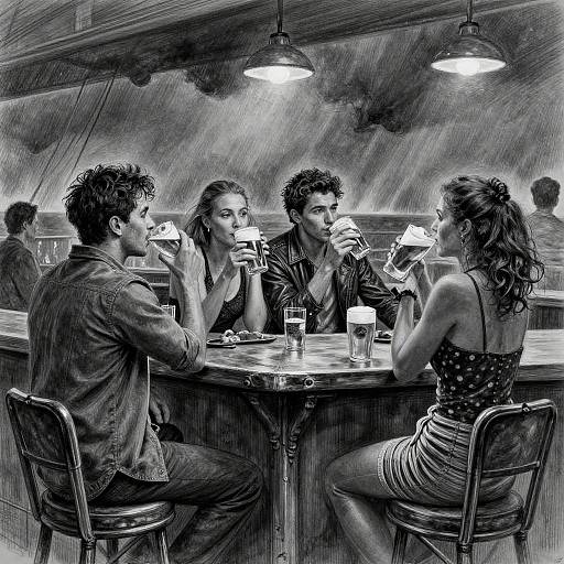 Charcoal Drawing of People Drinking Beer on Ship During Storm