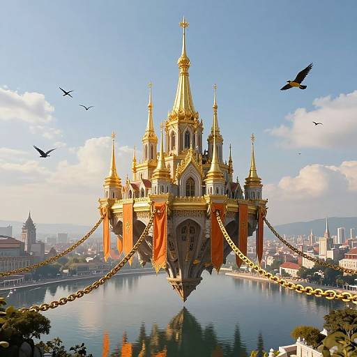 Digital artwork of a golden, ornate, floating cathedral with red drapes, suspended over a calm river, surrounded by flying birds and a cityscape