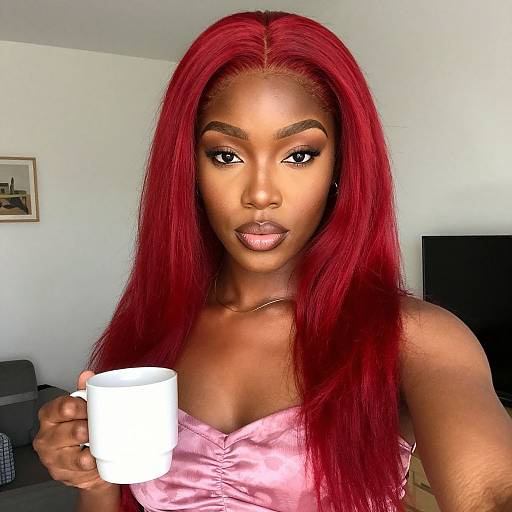 Photograph of a beautiful, dark-skinned woman with long, vibrant red hair, wearing a pink satin top, holding a white mug, standing in